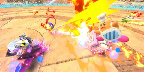 Official gameplay screenshot of a the game's battle mode - Kirby Air Riders