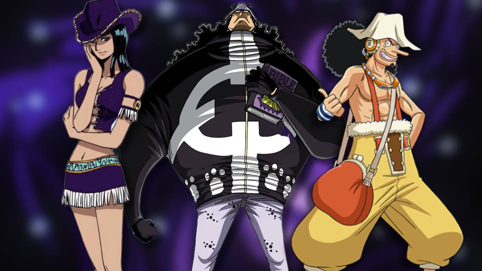 A collage of three One Piece characters whose reputation changed drastically over the years: Nico Robin, Bartholomew Kuma and Usopp.