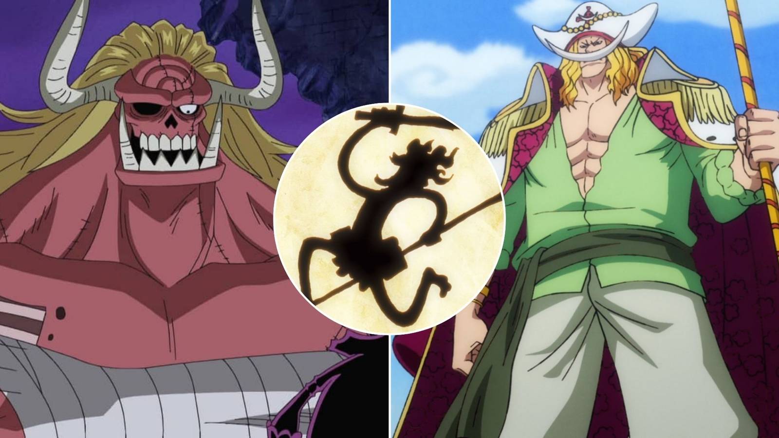 A collage of the strongest characters from different points in the One Piece timeline: Oars, Nika and Whitebeard.