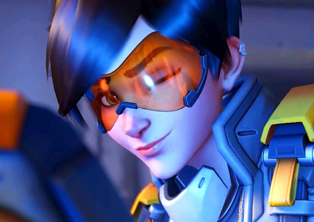 Tracer dari Overwatch dengan latar belakang stadion, potensi skin Overwatch Fortnite