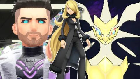 A collage of three challenging bosses from the Pokemon games: AI Turo, Cynthia and Ultra Necrozma.