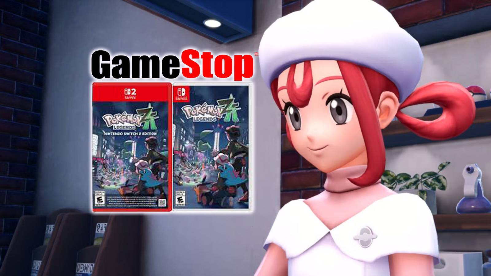 Pokemon Legends Z-A GameStop logo over game covers next to character composite