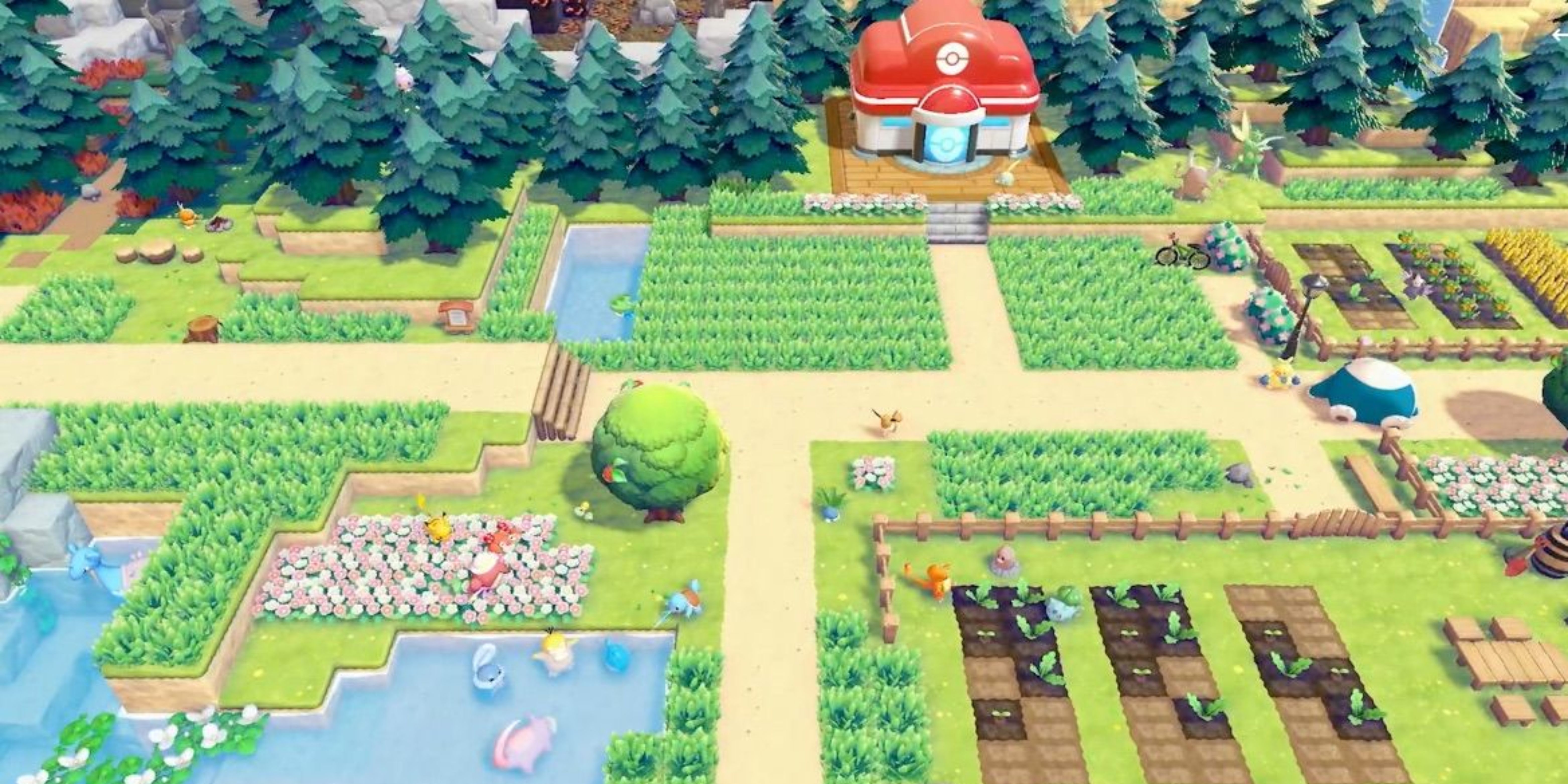 Gameplay de Pokémon Pokopia com Pokémon construindo