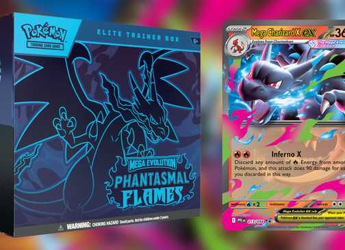 Pokemon TCG Phantasmal Flames Elite Trainer Box next to Mega Charizard X ex 2x1 composite