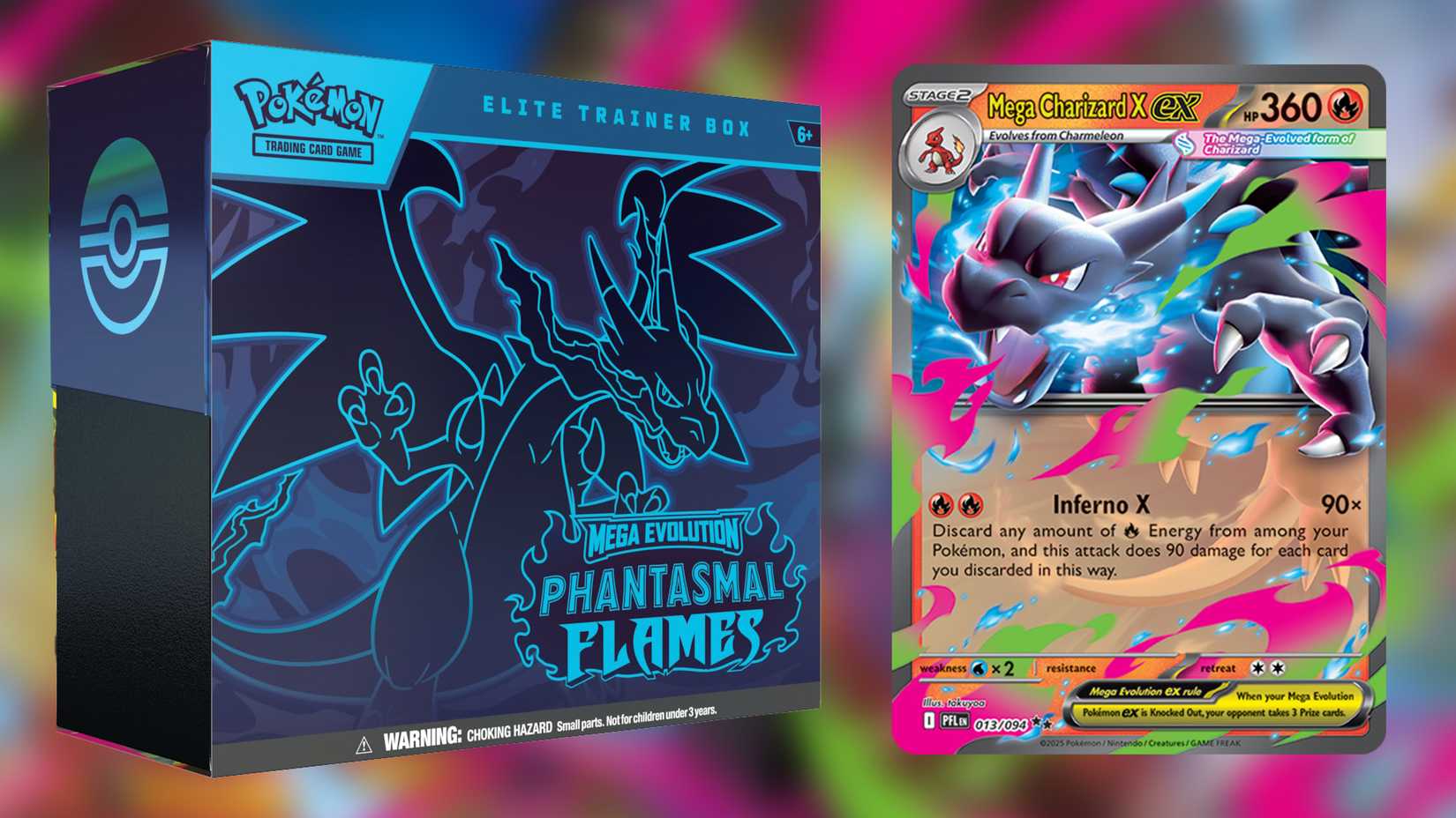 Pokemon TCG Phantasmal Flames Elite Trainer Box next to Mega Charizard X ex 2x1 composite