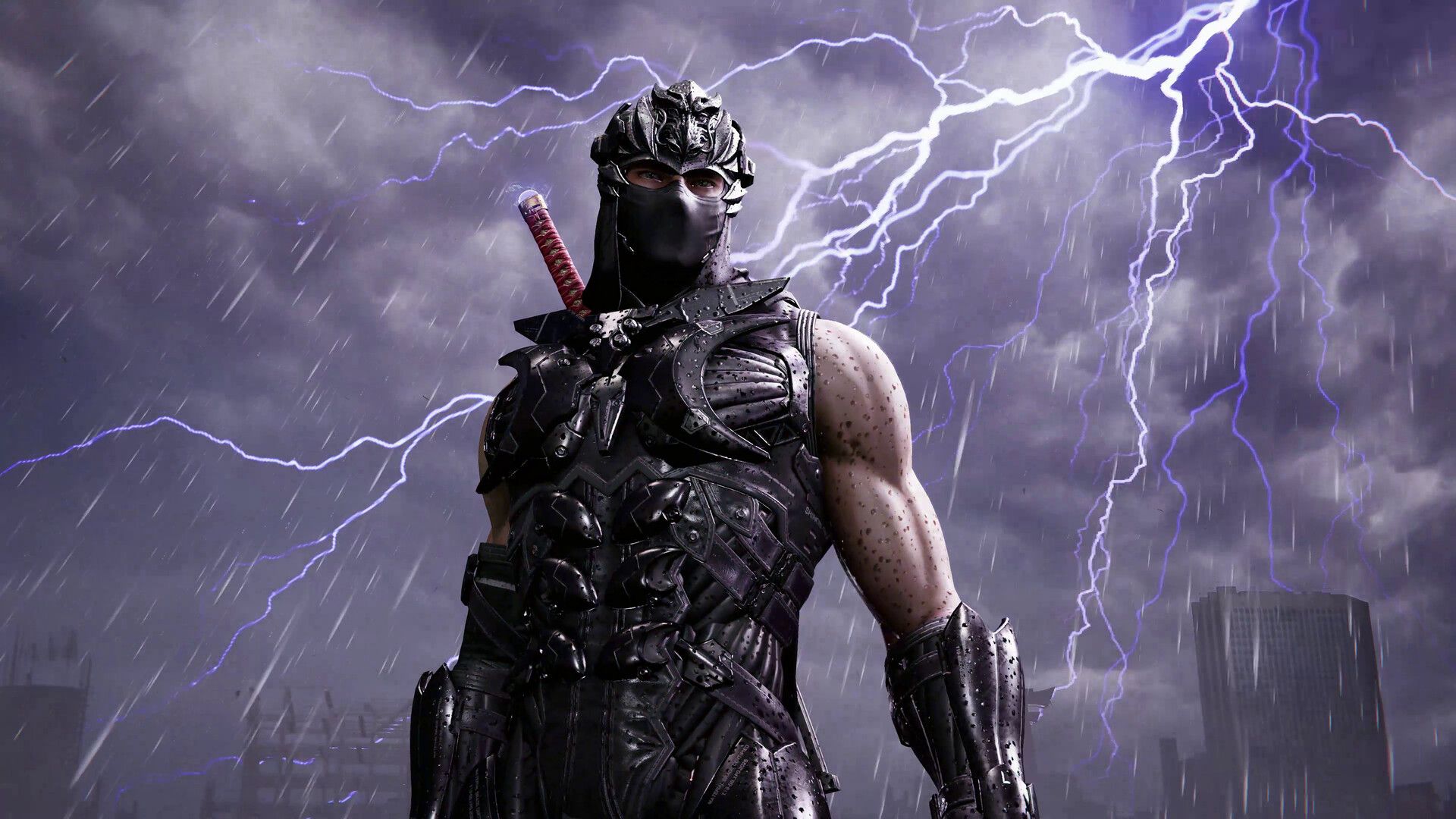 Ryu Hayabusa em uma pose de ação em Ninja Gaiden 4, com um cenário vibrante.