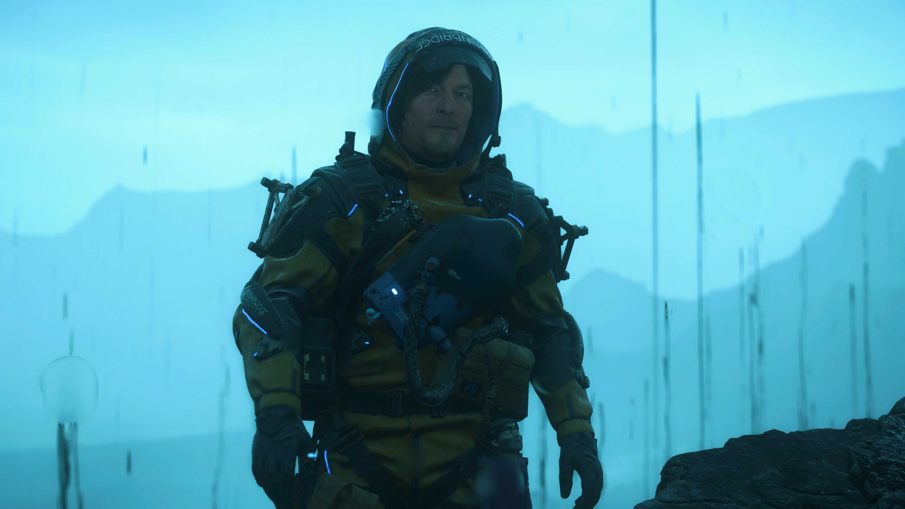 Sam in the rain in Death Stranding 2 On The Beach