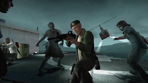Bill fighting zombies on a rooftop