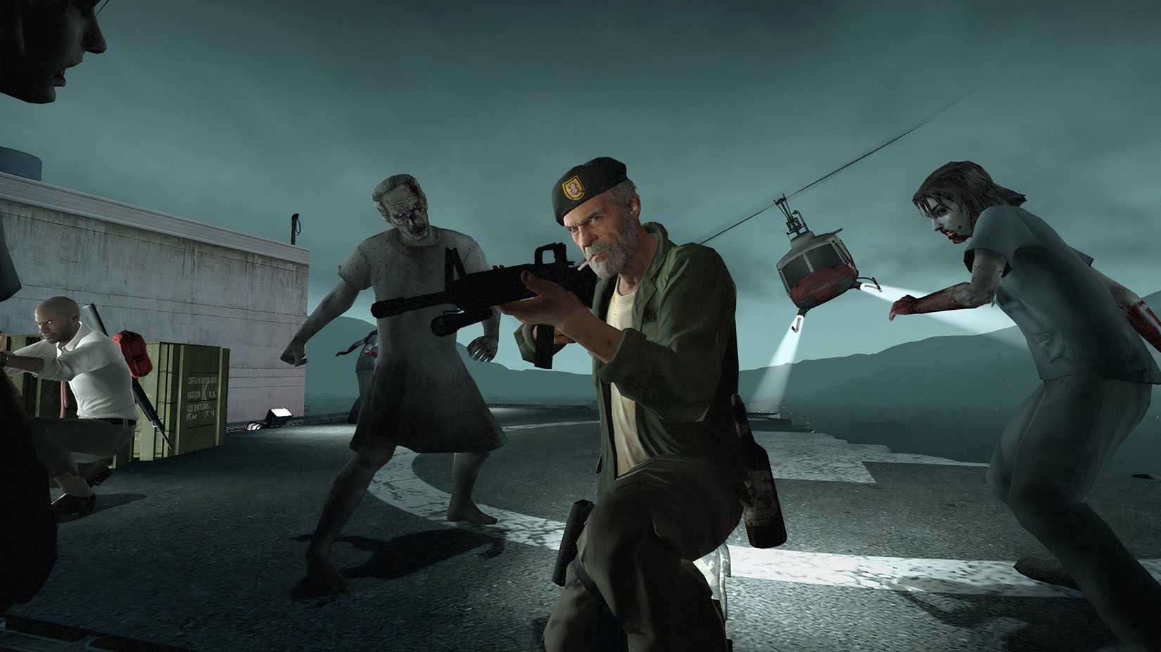 Bill fighting zombies on a rooftop