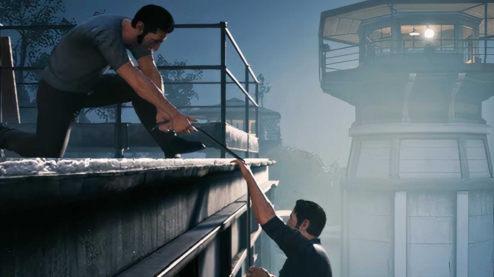 Vincent helping Leo up a ledge