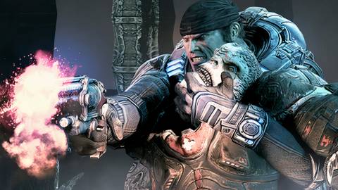 Marcus holding a Locust as a meatshield