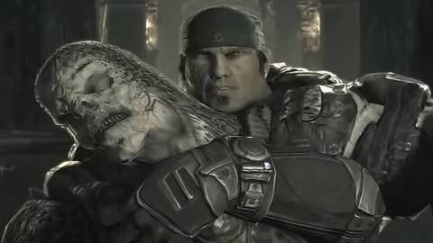 Marcus holding a locsut as a meatshield