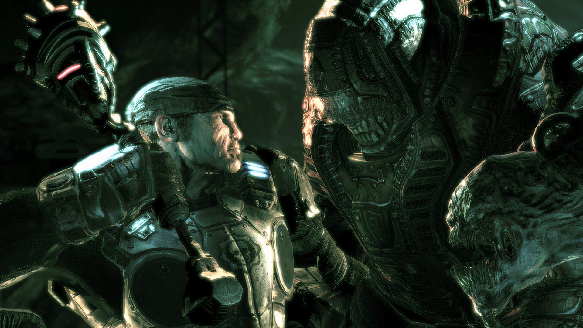 Marcus holding a grenade to a Locust