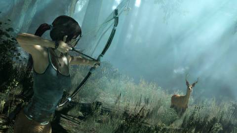 Lara aiming a bow at a deer