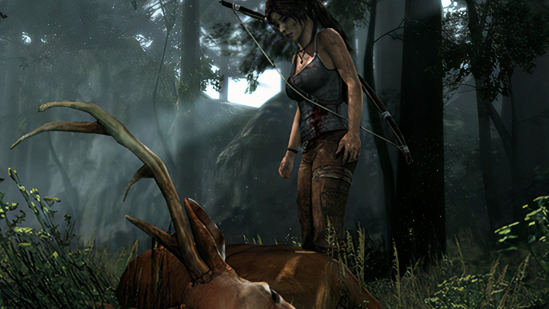Lara looking at a dead deer on the floor