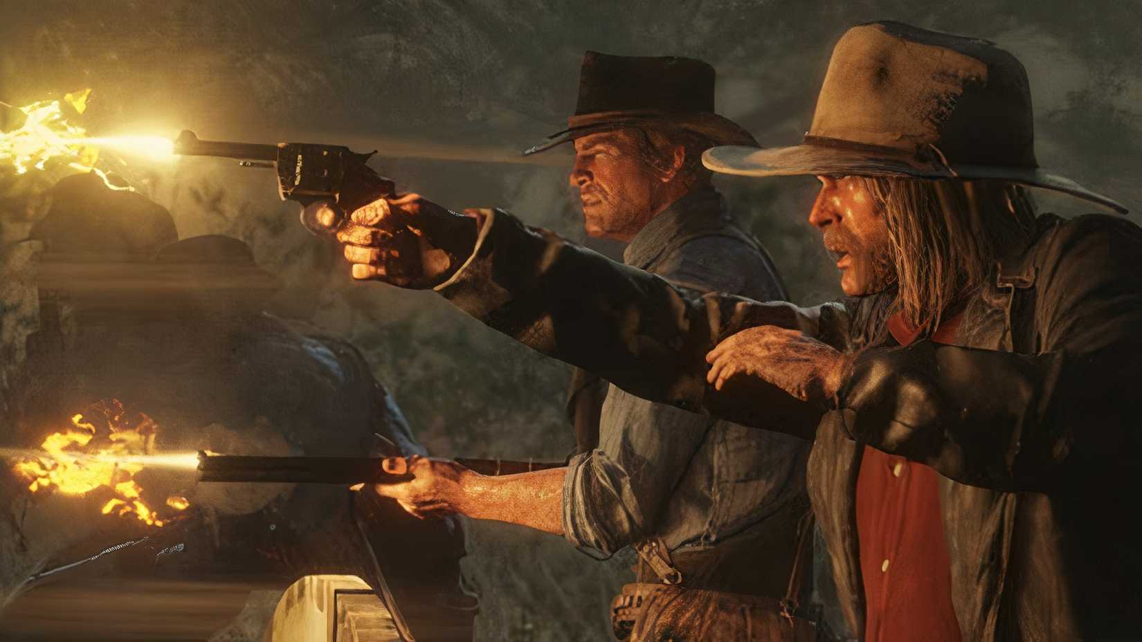Arthur dan Micah sedang menembakkan senjata dalam game Red Dead Redemption.