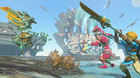 Link attacking a robot with a sword spear
