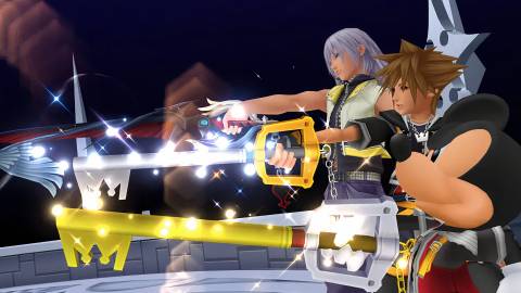 Sora, Roxas and Mickey aiming their keyblades