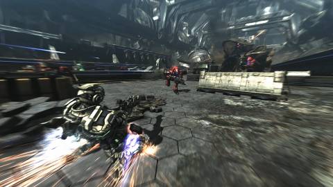 Sam blasting towards a robotic enemy