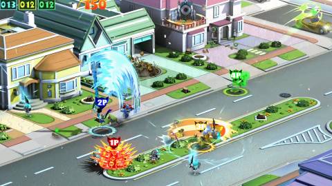 Heroes fighting enemies in a town