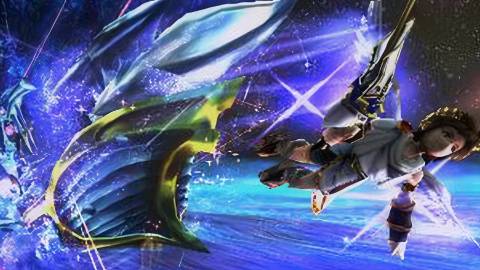 Pit flying away from a giant purple enemy