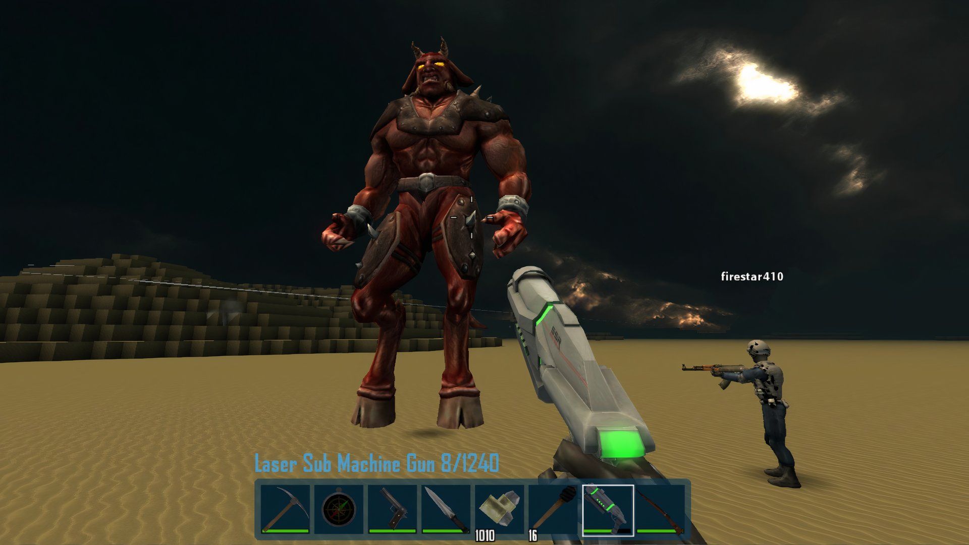 Player aiming a laser pistol at a large zombie