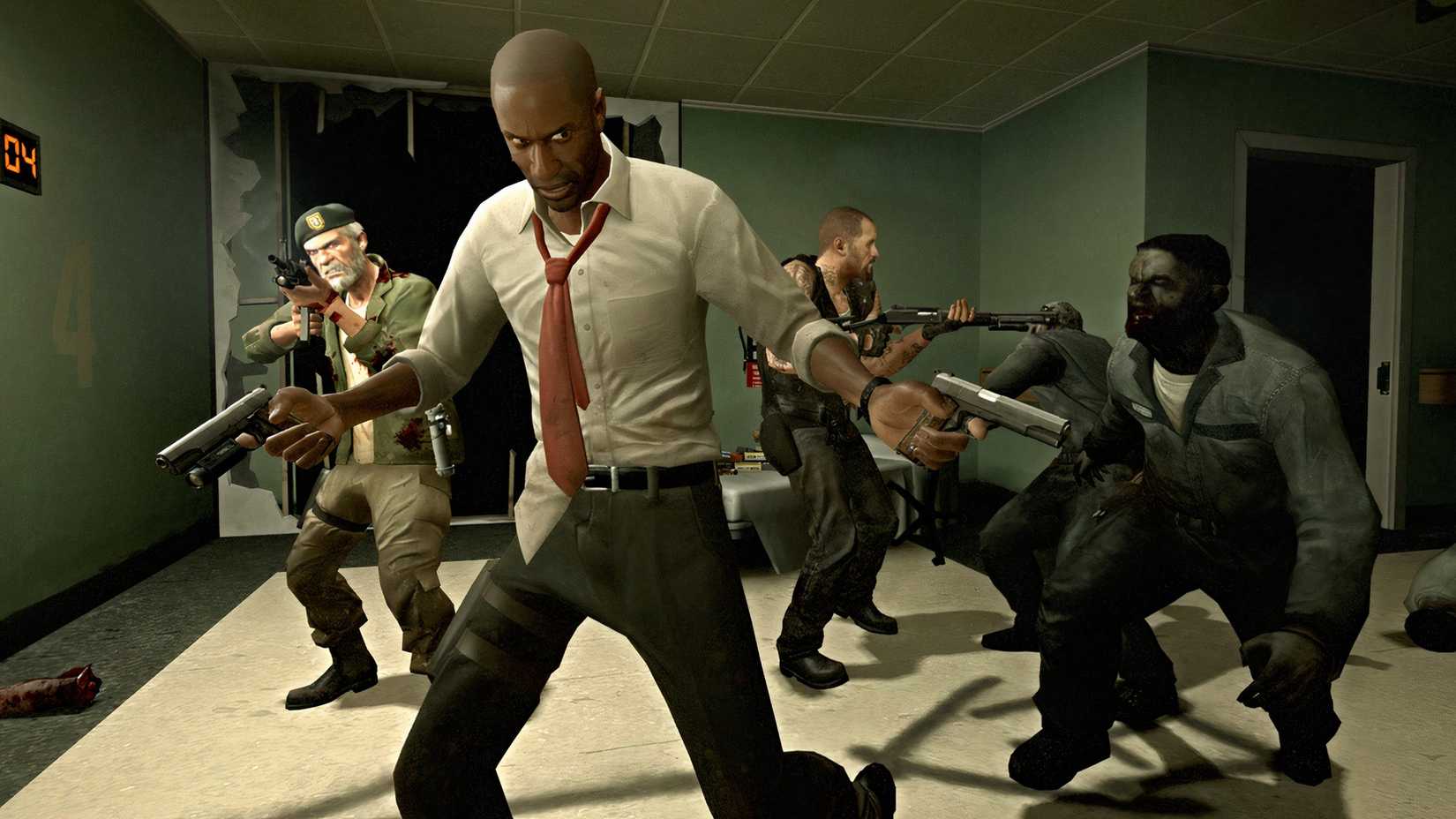 Lewis, Bill and Francis shooting zombies