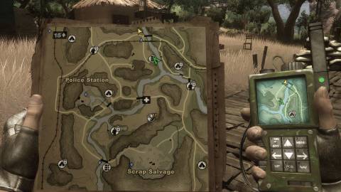 Player holding a map and a radio