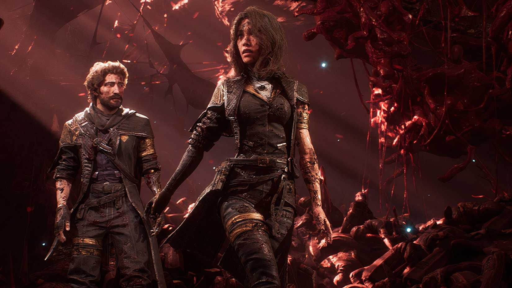 Lune and Gustav walking through a blood filled corridor