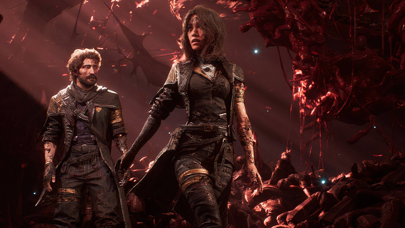 Lune and Gustav walking through a blood filled corridor