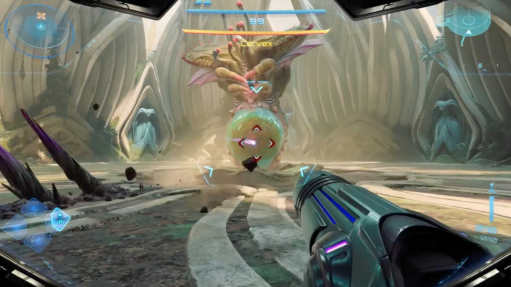 Shooting the boss in Metroid Prime 4 Beyond