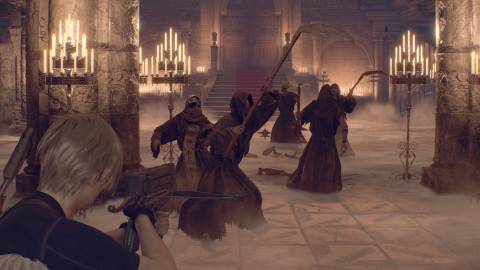 Shooting enemies with a crossbow in Resident Evil 4 (2023)