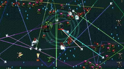 Shooting enemies with magic in Vampire Survivors