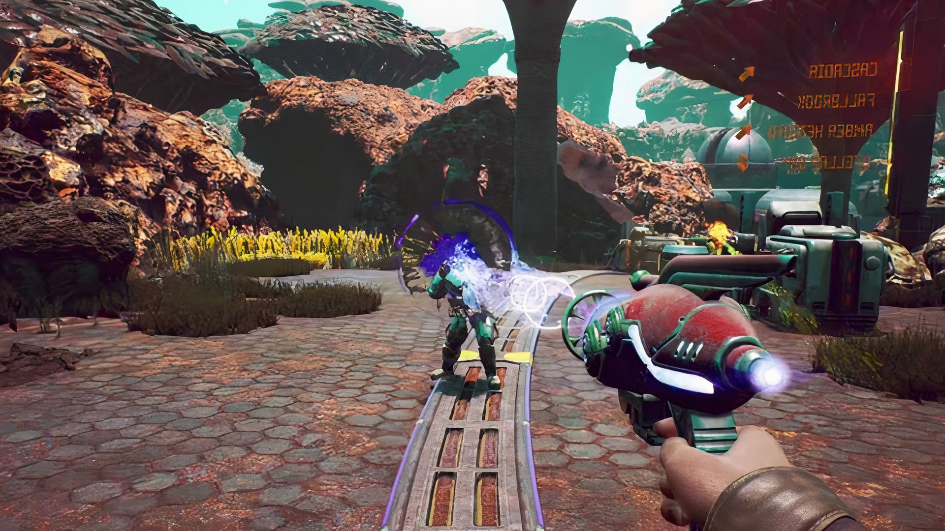 Shooting enemies with the shrink ray in The Outer Worlds
