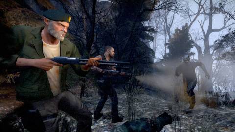 Shooting zombies in the forest in Left 4 Dead
