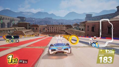 A player in Sonic Racing: CrossWorlds with a top speed boost