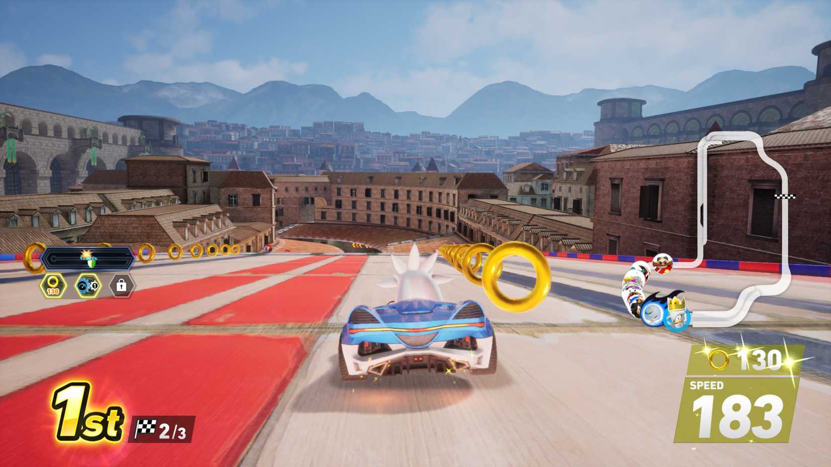 A player in Sonic Racing: CrossWorlds with a top speed boost