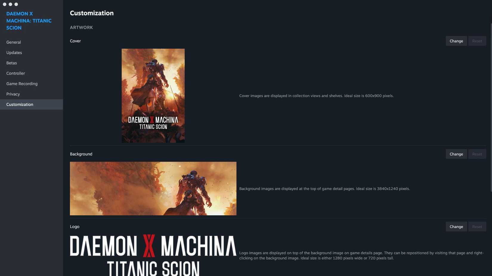 steam's new customization feature for changing game covers, backgrounds, and logos.