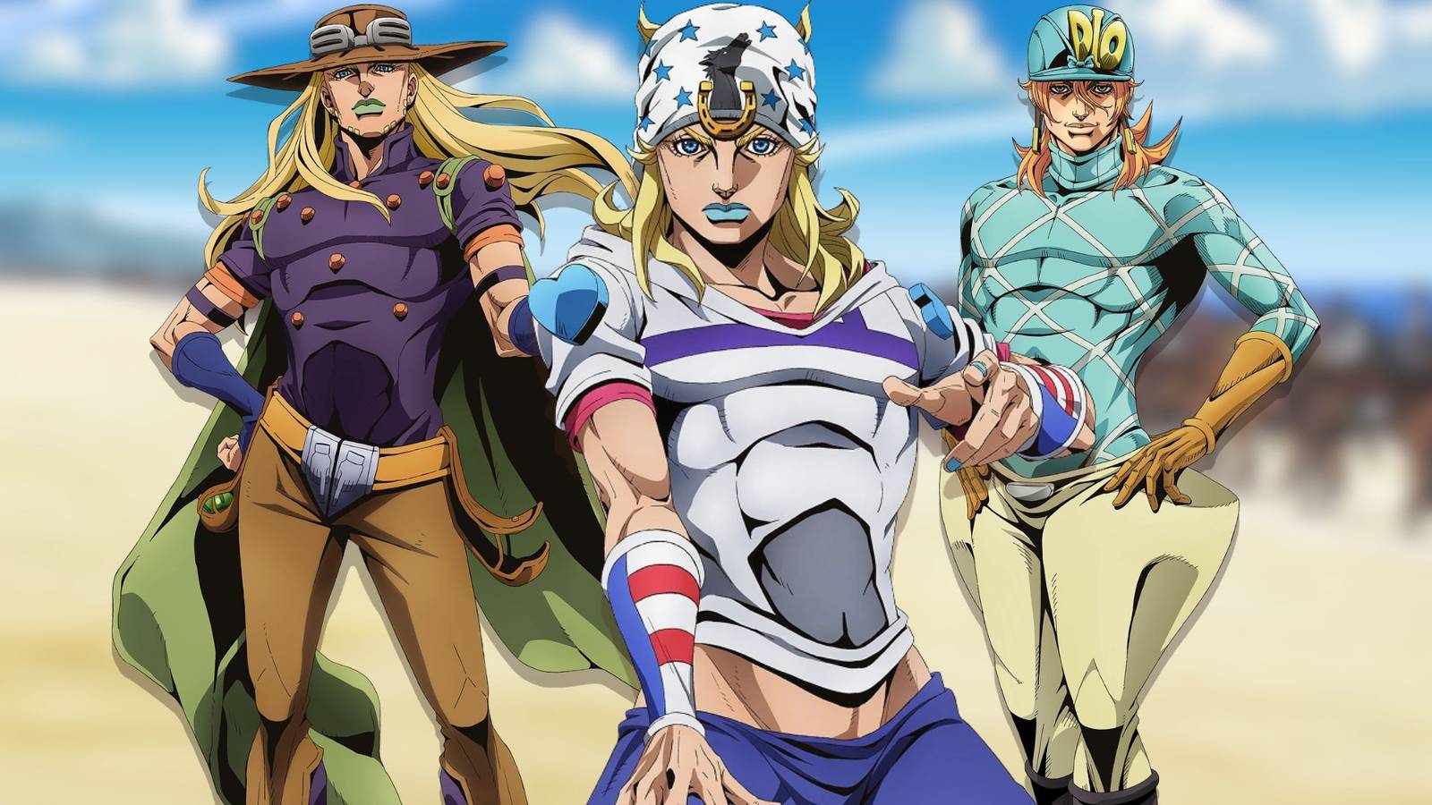 A collage of characters from the JoJo's Bizarre Adventure: Steel Ball Run anime: Gyro Zeppeli, Johnny Joestar and Diego Brando.