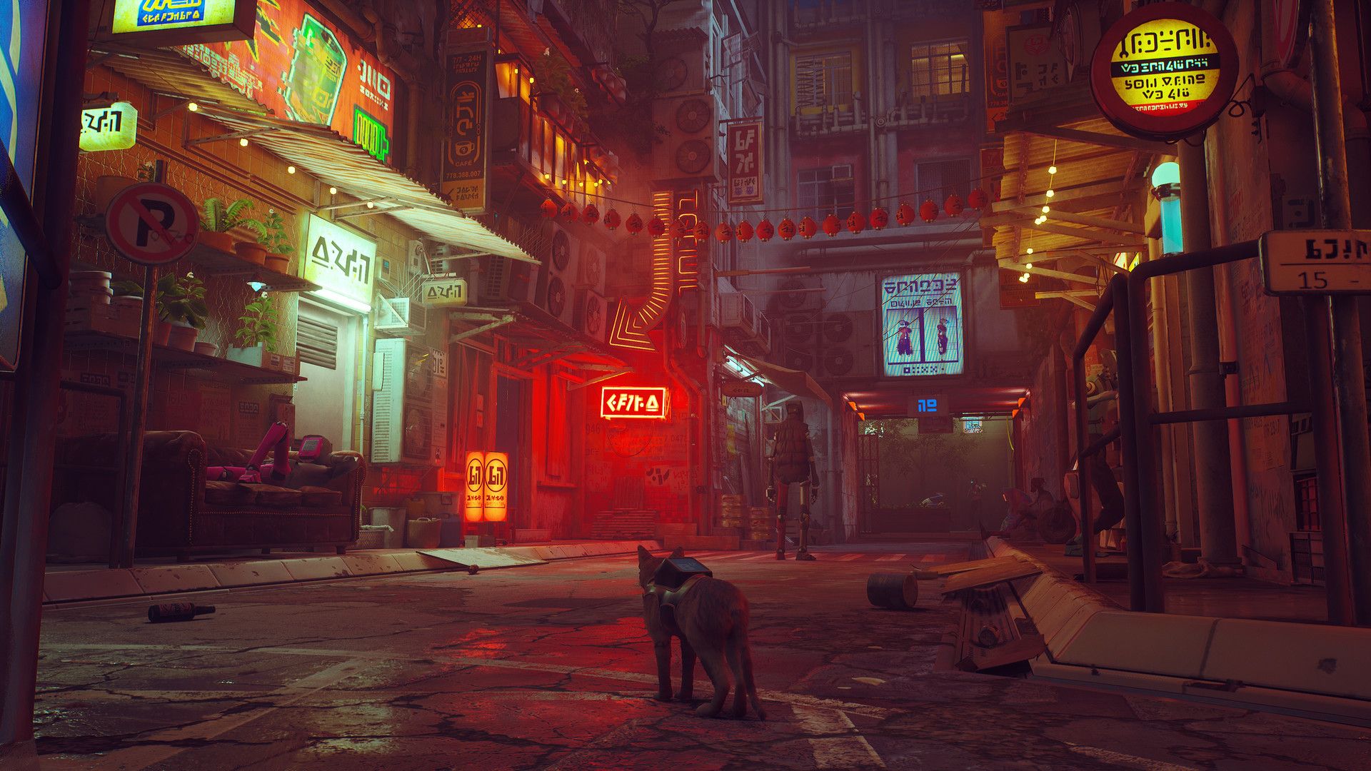 Gato observando a cidade em Stray.