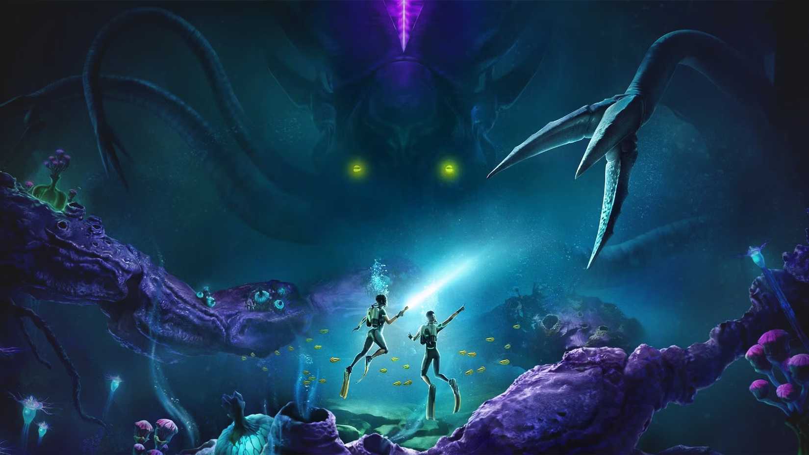 Subnautica 2 art protagonists in front of Leviathan
