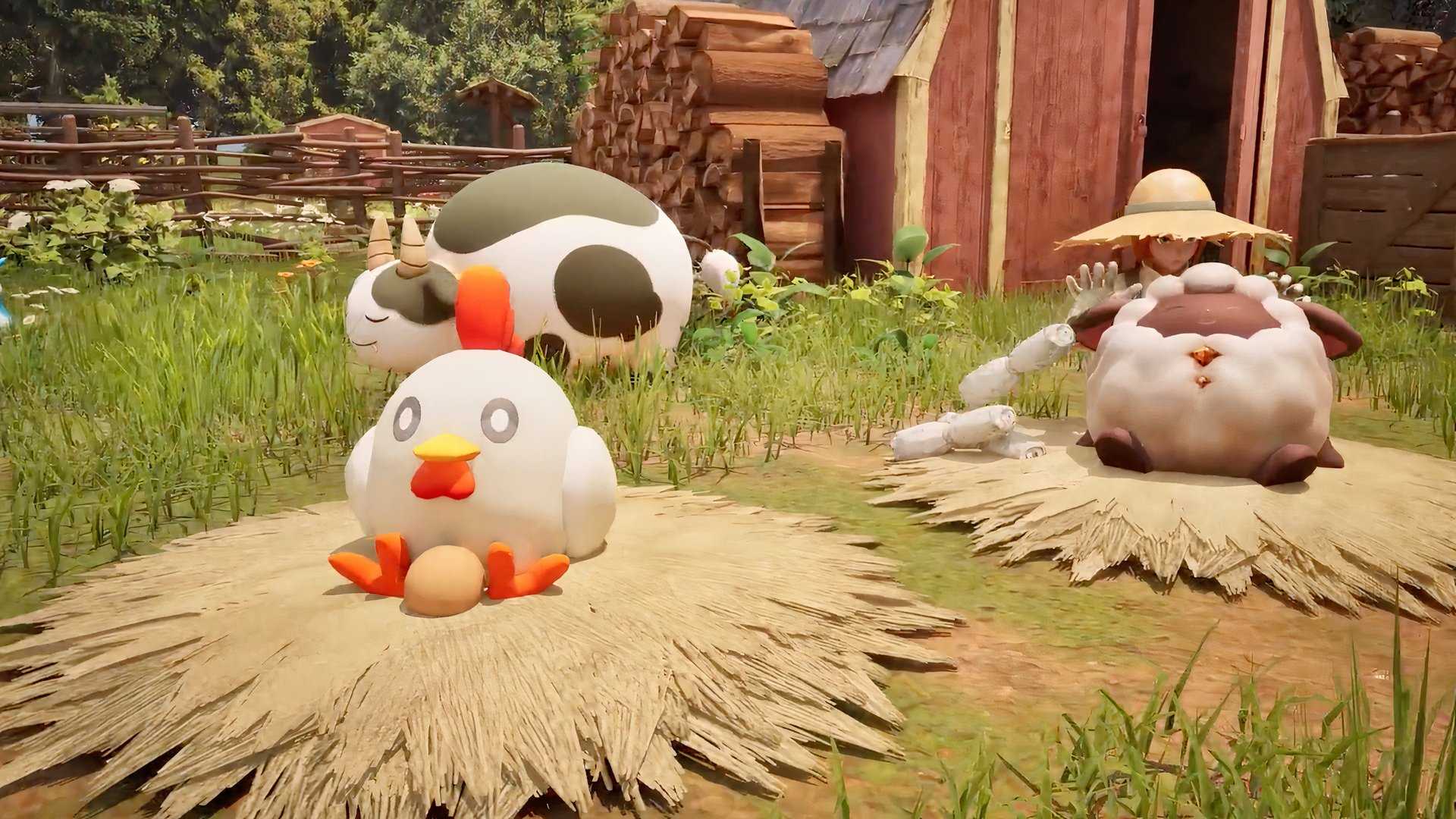 Tending to farm animals in Palworld Palfarm