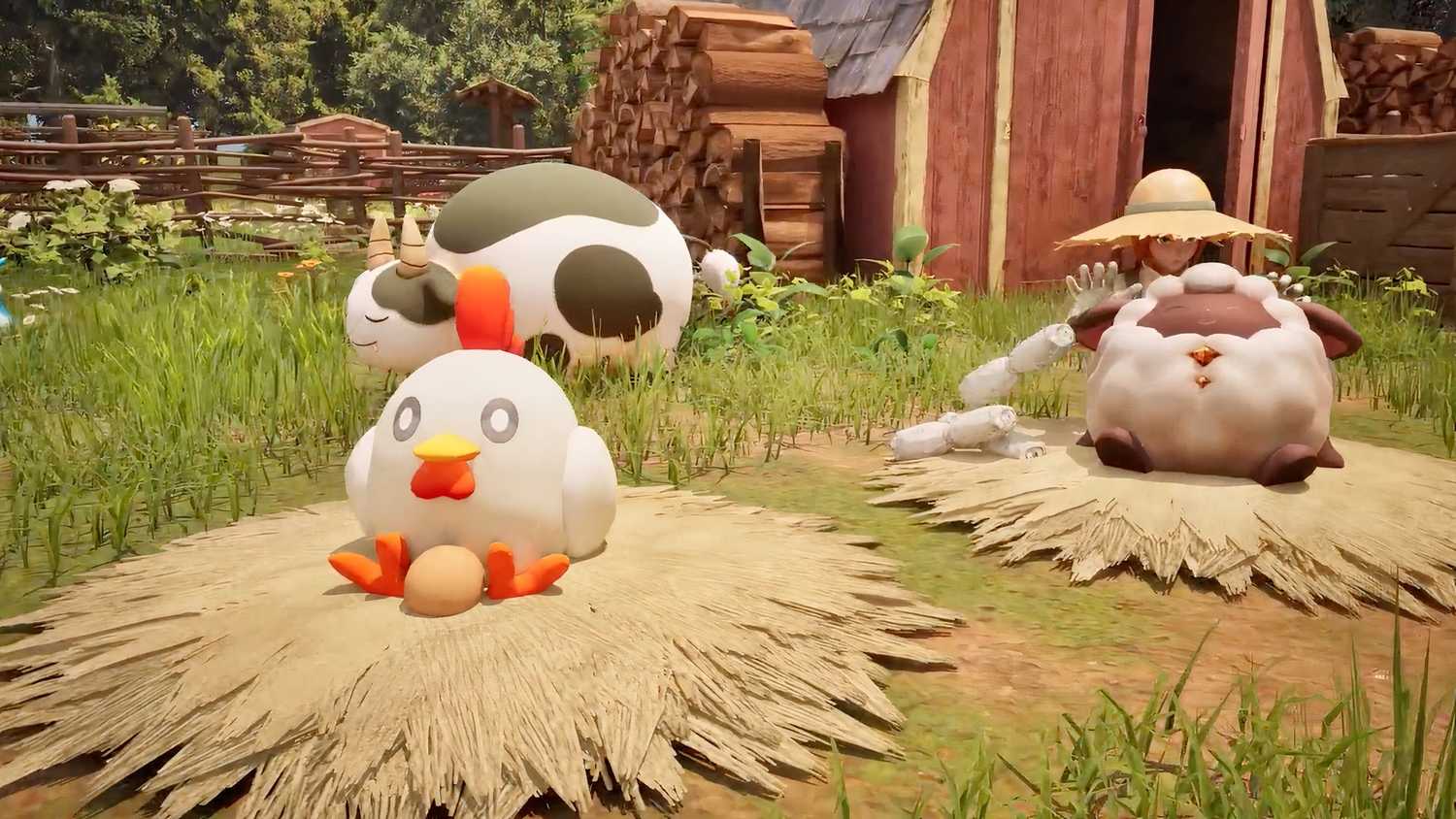 Tending to farm animals in Palworld Palfarm