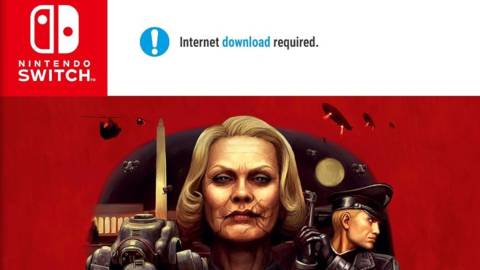 The game's Nintendo Switch cover that details an internet download is required - Wolfenstein 2