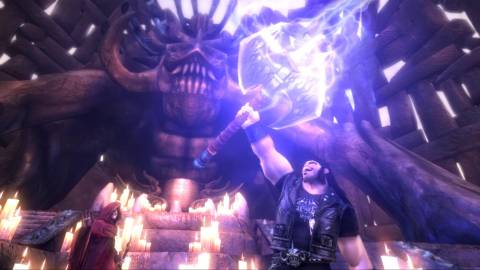 The main character lifting a lightning powered axe in Brutal Legend