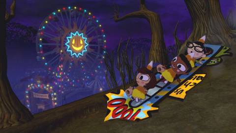 The party sliding down a hill - Costume Quest