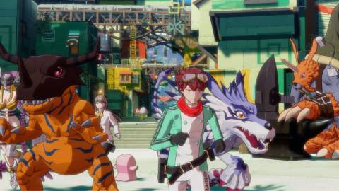 The playable character running around with their Digimon party - Digimon Story Time Stranger