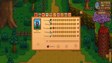 The stats menu in Stardew Valley