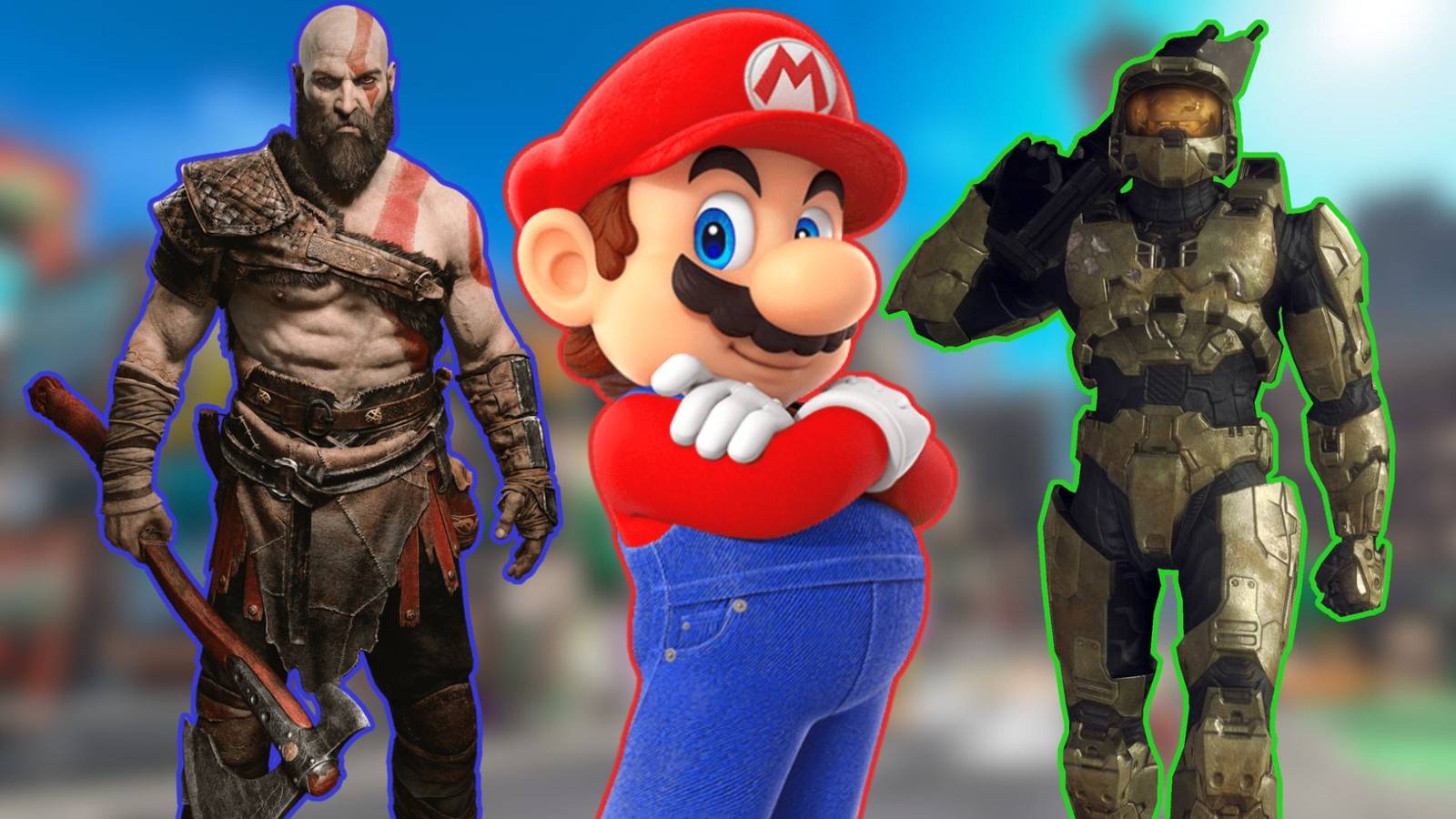A collage of Mario (Nintendo mascot), Kratos (PlayStation mascot) and Master Chief (Xbox mascot).