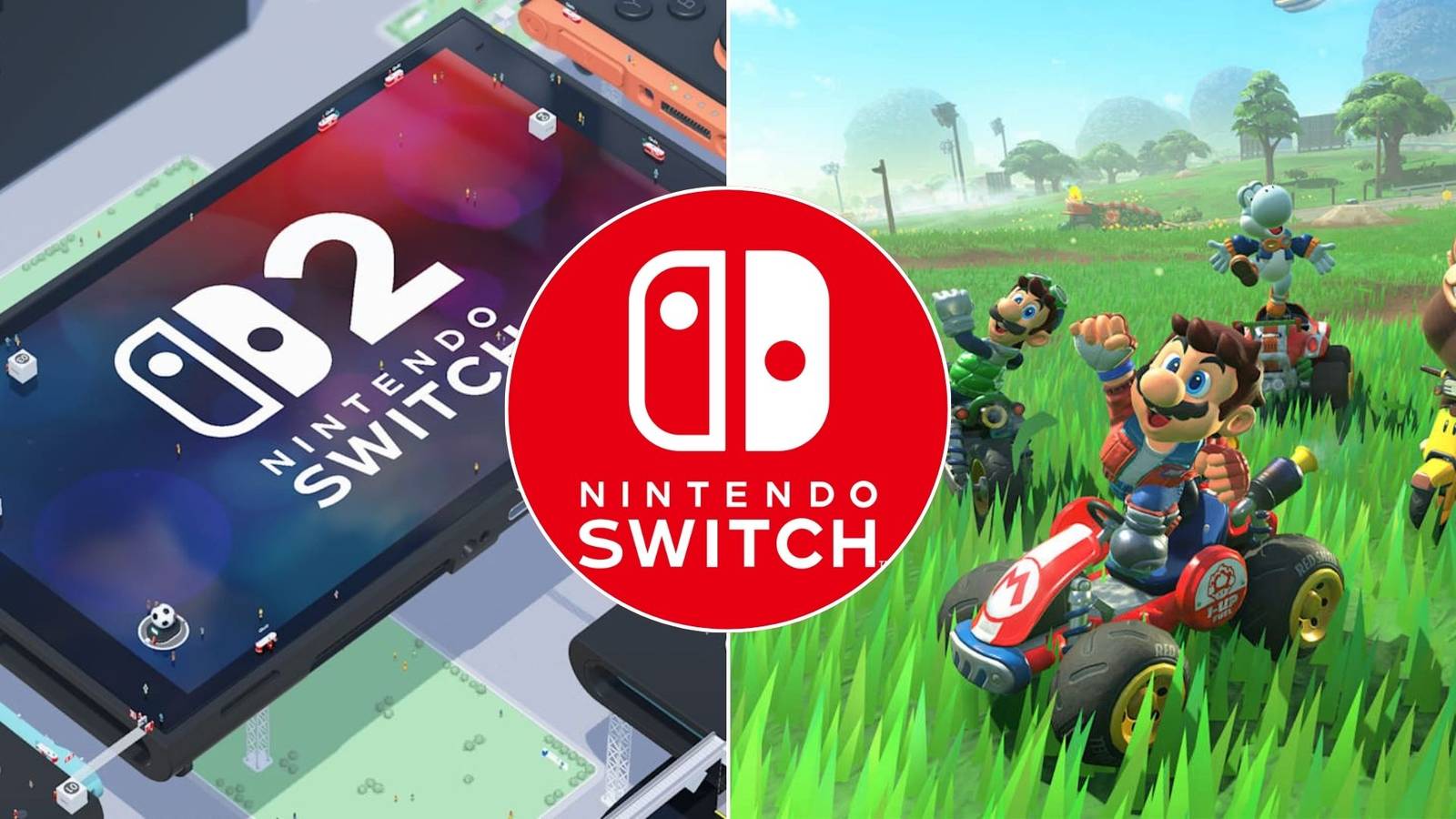 A collage of several elements related to the Nintendo Switch 1 and the Nintendo Switch 2: Nintendo Switch 2 Welcome Tour, Mario Kart World and the Switch 1 logo.